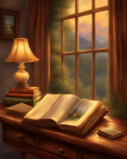 an open book sitting on top of a wooden table, thomas kinkade. cute cozy room, storybook illustation, storybook art, dream scenery art, by Pamela Ascherson, very beautiful fantasy art, vignette of windowsill, warm beautiful scene, cosy enchanted scene, cozy home background, style thomas kinkade, sunlit windows, scenery artwork