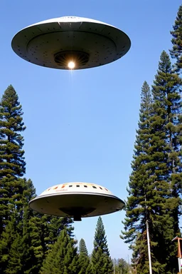 a bunch of school kids see a ufo saucer shaped ufo flying over tall pine trees,