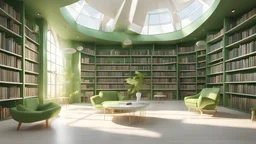 Modern green library interior with sunlight. Decor and desing concept. 3D Rendering