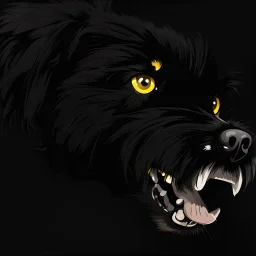 an angry scruffy black terrier on black background, yellow eyes, make 30% brighter, illustration