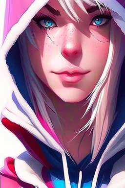 a close up of a person wearing a hoodie, artgerm on artstation pixiv, artgerm. anime illustration, artgerm comic, artgerm and lois van baarle, wlop | artgerm, trending artgerm, style of artgerm, extremely detailed artgerm, spider-gwen, spider - gwen