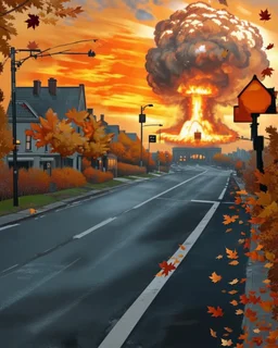 town street with a nuclear explosion in the distance, autumn colors, leaves falling on street, leaves falling in foreground, light source is the nuclear explosion, yellow orange brown pallet, very low vantage point, digital painting