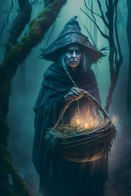 portrait of witch with shiny basket, prehistoric forest, trending art, 8k, depth of field, volumetric fog, hi detail, spray paint