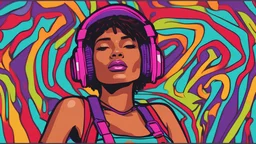 a woman with headphones on her head, red headphones, with headphones, girl wearing headphones, wearing purple headphones, wearing headphones, pink headphones, with head phones, headphones on, headphones, pop and vibrant colors, portrait happy colors, vibrantly colored, vibrant glow, afrofuturist, colourfull, wearing cat ear headphones, pop art look, portrait willow smith, brightly coloured