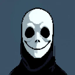 16 bit pixelart of a shadow figure with a white smooth wide smiling mask, no nose, no nose holes, no nostrils