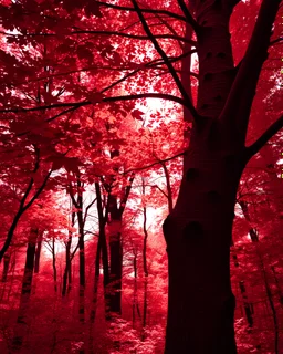 Forest underneath a crimson canopy with leaves in shades of red, sunlight filtering through to create a monochromatic wonderland, single-hue theme showcasing the splendor of nature, chiaroscuro effect with play of light and shadow, texture-heavy foliage, close-up of a tree with a vibrant red bark to match the leaves, soft-focus background with an array of red tones cascading into a tranquil setting