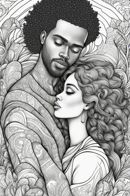 Coloring book page, black and white, Black couple in love, high detail, thick lines