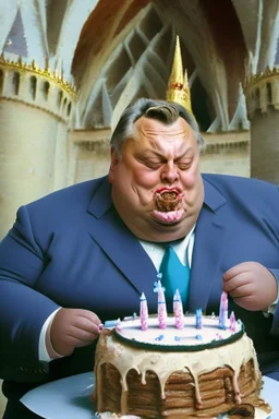 fat ugly viktor orban eating birthday cake in a castle