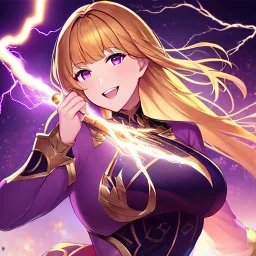 8k, Girl, high quality, detailed, golden hair, purple eyes, beautiful lighting, vibrant colors, laughing, lightning magic