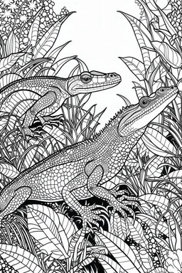 Outline art, lizards in the garden, cartoon style, black and white, low detail, --ar 9:11