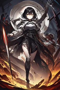 Anime girl with short black hair and sharp green eyes holding a sinister spear, full body black and white metal plate armour, full body shot, Dark lighting,1woman, soaked in blood,Warrior