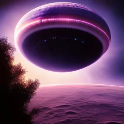Alien jumpship over a crater, purple sky