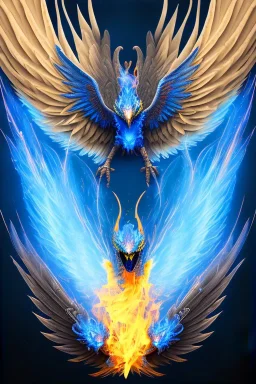 blue phoenix flaming wings, balanced, beautiful, smooth, flying