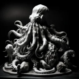 a statuette of a tentacled absurd pig cult greyscale found in an old storage