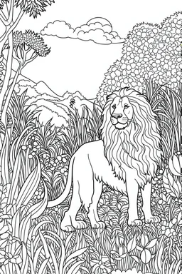 Outline art, no shading, lion and dog full body in the garden, cartoon style, black and white, low detail, --ar 9:11