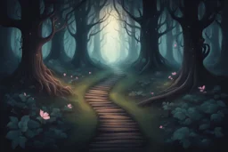 лес темный, с тропинками , иллюстрация сказочная