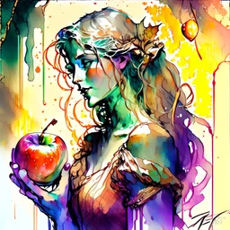 Eve and holding the apple, wet on wet watercolors splash, ink Modifiers: highly detailed digital painting elegant photorealistic very attractive beautiful dynamic lighting award winning high definition hdr matte background cinematic postprocessing pencil sketch Alphonse Mucha neon Iridescent Craig Rutkowski