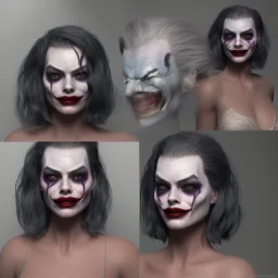 margot robbie, make up joker, highly realistic, highly detailed, intricate, valkirye dress