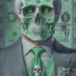 a head and shoulders portrait of a skeleton dressed in a three-piece suit as the president of the united states, based on us currency, united states one dollar bill, shades of green, real-life, colors match the united states one dollar bill, realistic, robotic,