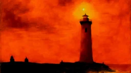 An orange colored tower in a thunderstorm painted by Albert Pinkham Ryder