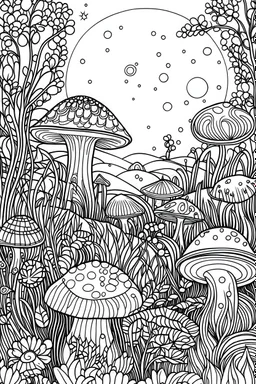 STRESS RELIEF themed coloring page for adult, cartoon style, thick outline, low details, no shading, no color, A delicate pattern of softly glowing mushrooms in a moonlit meadow