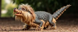 crocodile dog with fluffy hair, doing dog things