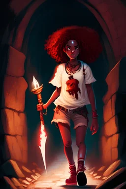on a medieval setting, a black teenage girl with wild fire red curly hair, wearing a white shirt and red baggy shorts and a dinossaur tooth necklace, with a torch lifted on one hand, and a knife on the other, while walking on a dark tunnel
