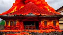 A red fiery spicy noodle restaurant near a volcano painted by Gustav Klimt