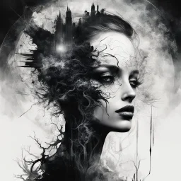 Artificial Synesthesia, double exposure in a magnifying Eye effect by Andreas Lie, black and white silhouette in the vision, noir imagery transparent photo layering, midnight malignancy visions, by Russ Mills, by Esau Andrews; ethereal horror hyperdetailed mist Thomas Kinkade, 8k resolution, holographic cosmic illustration mixed media by Artgerm