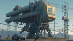 Detailed concept art of a futuristic machine with elastic capabilities, inspired by Greek architecture, created by artist Simon Stålenhag. Highly detailed with intricate designs and realistic lighting, showcasing the machine's ability to bend and stretch. (Long shot)