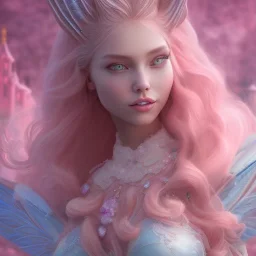 in front of a pink castle, a cheerful fairy, big smile, pink, blonde hair, beautiful, whole face, whole top hair head, wide open blue eyes, transparent wings onn the back, hyperrealism, masterpiece, expert, cinematic lighting, sharp focus, 8K, pastel, macro lens, woman, detailed, flower