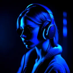 Woman, headphones, neon light dark blue, mask