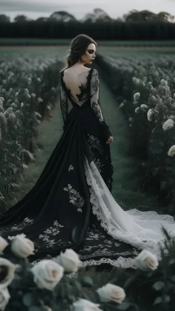 black lace scarf and dirty wedding dress in a field of white roses.cinematic picture