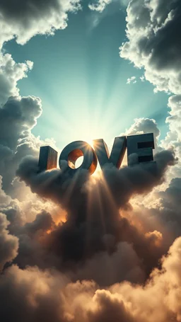 A huge the world “ love “above swirling clouds, emerges from the heart of a raging storm. Turbulent winds of steam swirl around the iconic structure, lit by shafts of sunlight that cast dramatic shadows on the A beautiful sun , High quality 16k cinematic scene and great photography
