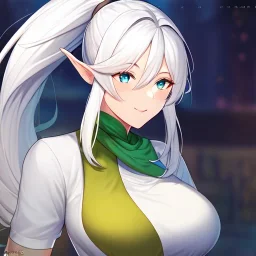 Clear focus, 8k, beautiful lighting, vibrant colors, Elf, White hair, ponytail, hair in between the eyes, up close,