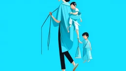 A digital illustration of a woman walking carrying a child in a sling, on an aquamarine blue background, with clothes hanging on a line nearby