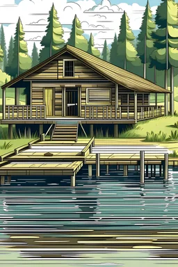 wood cabin, lake front, dock, daytime, illistration