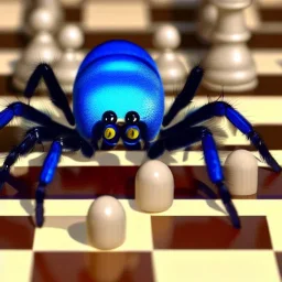 close up of a large hairy blue spider wearing a top hat and playing chess, photorealistic, blender render, wide angle lens, 4k, two birds, jungle,