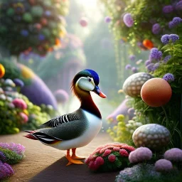 pixar style, volumetric summer garden environment and background, realistic painting of an mandarin duck, looking excited, volumetric lighting, dramatic lighting, detailed digital painting, extreme dense and fine fur, anime, ornate, colour-washed colors, elegant, small minutiae, tiny features, particulars, centered, smooth, sharp focus, renderman gofur render, 8k, uhd, detailed eyes, realistic shaded volumetric lighting, sunlight caustics, backlight, centered camera view