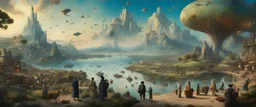 Salvador Dali and Hieronymus Bosch talk to each other at an outdoor surrealist market. A herd of dream-like sky-fish swim high in the far distant sky, with a beautiful surreal outdoor countryside summer scene with hills, paths, stairways, waterfalls, and an intricate fractal sky, very high detail, photorealistic, epic cinematic, 8K, Large depth of field