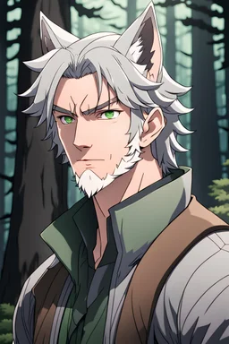 The handsome and perfect portrait is on the spruce land, anime, a casual, muscular gray-haired and green-eyed male character with wolf ears and a feline tail in the forest, 8K resolution, high quality, ultra graphics, and detailed with lines.
