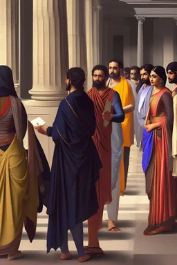 People standing in a line to vote classical painting