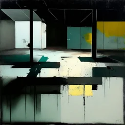 Minimal abstract oil paintings of a desolate 1960s carpark. Illuminated by a spotlights. On the floor are concrete fragments and road markings . In the dark mysterious style of Justin Mortimer and Francis Bacon.