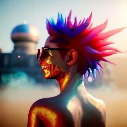 Ultra Realistic photo, medium shot view, drunken dancer bikini woman, carnival scene, monster hair, steampunk. Red hair, confeti, Sunglasses, smile, happy, festival, ovni, alien, gradient color fog. highly detailed, concept art, unreal engine 5, ray tracing, RTX, lumen lighting, ultra detail, volumetric lighting, 3d, finely drawn, high definition, high resolution.