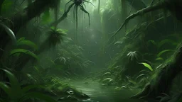 oppressive jungle during a heavy tropical storm, massive leaves dripping with rain, glowing insects and huge spiders among the vines, muddy jungle river overflowing its banks, dark green palette, cinematic fantasy environment painting, highly detailed