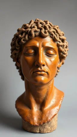 Ceramic style picture all colours are dark orange of an old charge from the 1200 BC in it a head of dead man with thick curly hair and his eyes are closed