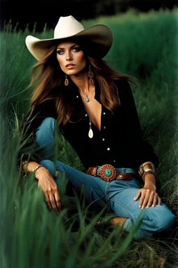 hippie cowgirl, a top less woman, a spanish beauty supermodel with hypnotic eyes, mystic eyes, longer hair, beautiful face, beautiful skin, realistic analog photography with a real normal beauty, no bra, middle parting, beautiful like a supermodel from the sixties, helmut newton, peter lindbergh, beautiful face, beautiful skin, realistic analog photography with a real normal beaut, most beautiful female without clothes, david hamilton, bilitis, tendres cousines, riders on the storm, psycedelic