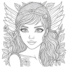 FAIRY, adult, face view, cute, smile, beautiful, full view, realistic, coloring page, only draw lines, coloring book, clean line art, wildlife-inspired, kid style, –no sketch, color, –ar 3:4, white background, minimalistic black lines, 8k, minimal black color, low level black colors, coloring page, use pure black and white colors, avoid thick black colors, thin black line art, avoid colors, perfect shape, perfect clear lines, clear edges,