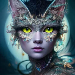 "Insanely detailed photograph of an elaborate beautiful cat goddess intricate glowing skin eyes intricate face hair lashes fur dress hyperdetailed painting by Anna Dittmann Huang Guangjian and Dan Witz CGSociety ZBrush Central fantasy art album cover art 4K 64 megapixels 8K resolution HDR Greek shiny space colours jewelry celestial hair eyes light"