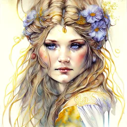 flowers on her hair in the style of Jean Baptiste Monge and Tim Burton, splash fast strokes, highly detailed, studio lighting, crisp quality, watercolor, wet on wet